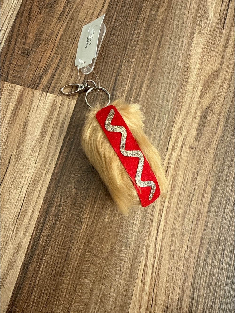 NWT Fluffy Hot Dog Keychain Bag Charm Faux Fur Ketchup Mustard Novelty Kawaii